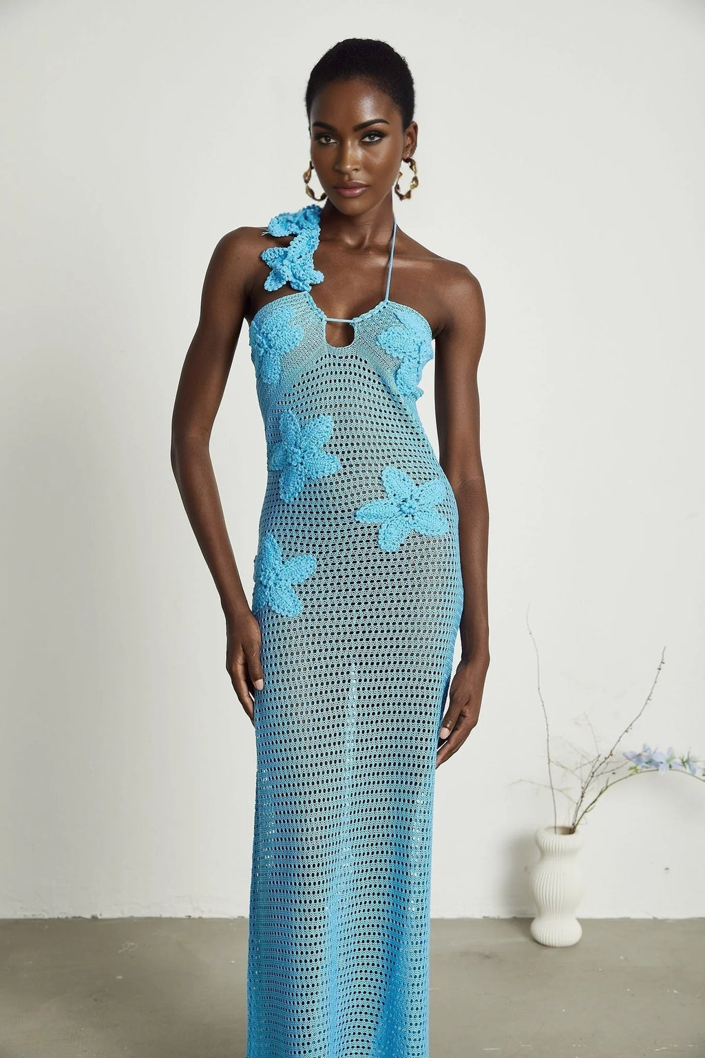 Daniela Maxi Dress - Halterneck Design - Open Back - Bustier Style - Faux - Flower Embellished