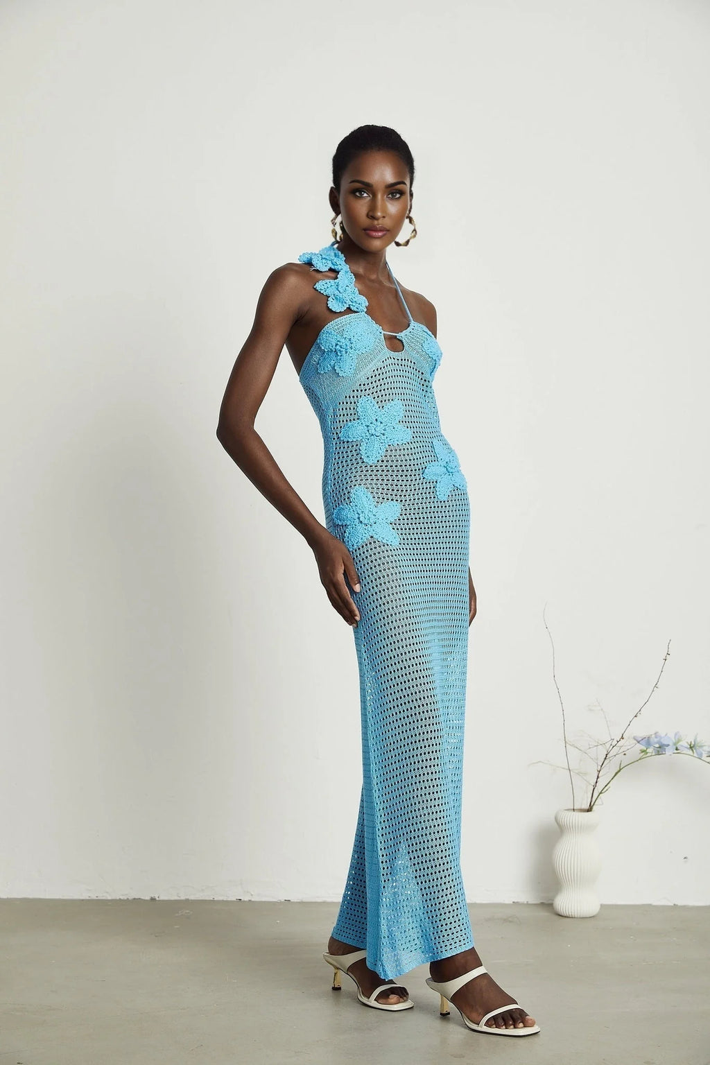 Daniela Maxi Dress - Halterneck Design - Open Back - Bustier Style - Faux - Flower Embellished