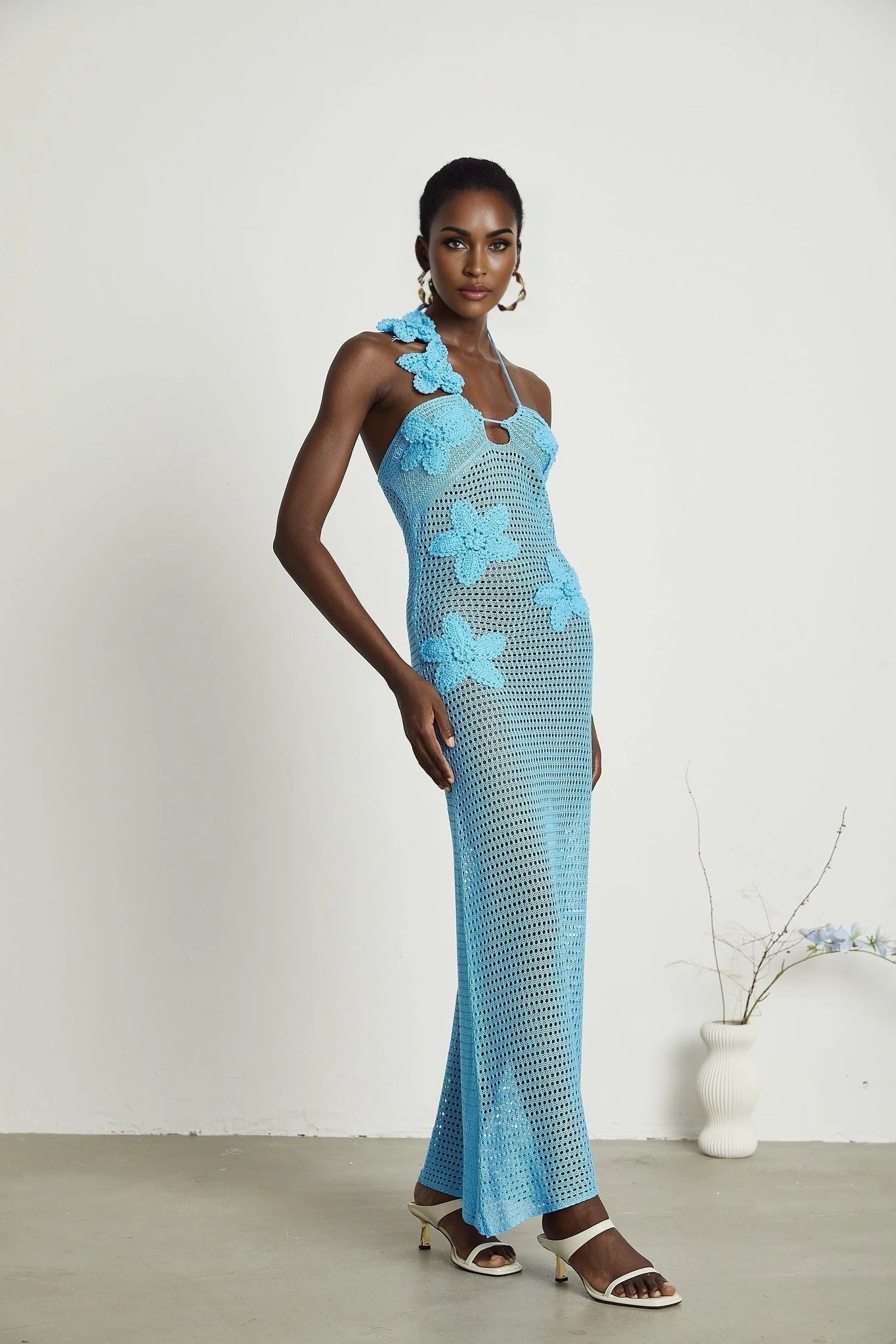Daniela Maxi Dress - Halterneck Design - Open Back - Bustier Style - Faux - Flower Embellished