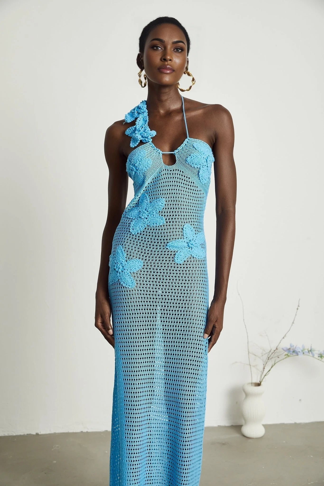 Daniela Maxi Dress - Halterneck Design - Open Back - Bustier Style - Faux - Flower Embellished