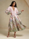 Daniela Midi Dress - Deep V Neck - Bishop Sleeve - Flared Hem - High Waist - A Line
