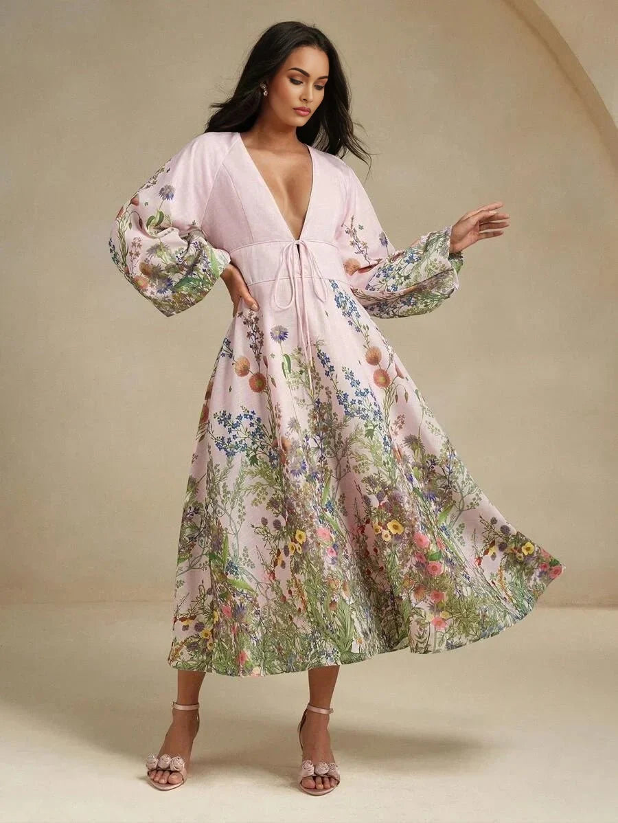 Daniela Midi Dress - Deep V Neck - Bishop Sleeve - Flared Hem - High Waist - A Line