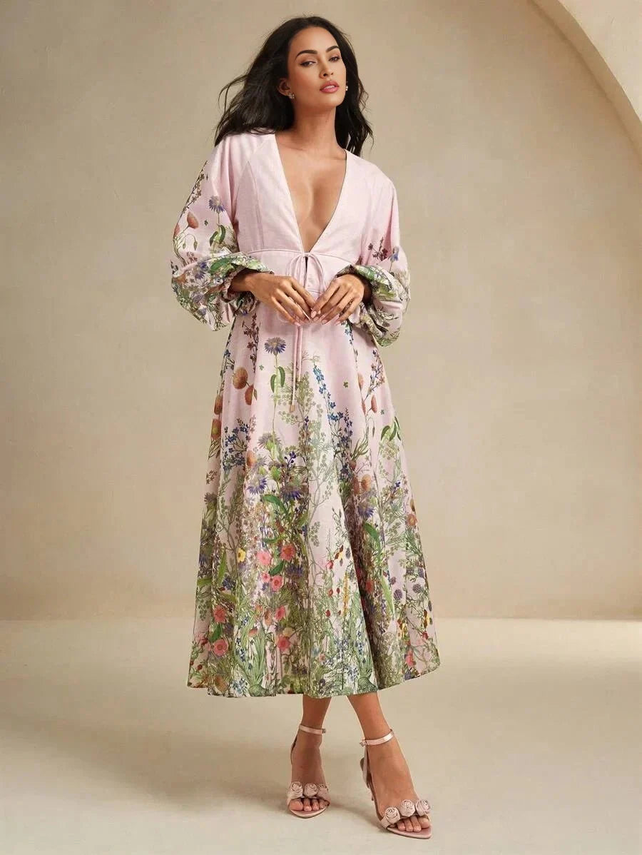 Daniela Midi Dress - Deep V Neck - Bishop Sleeve - Flared Hem - High Waist - A Line
