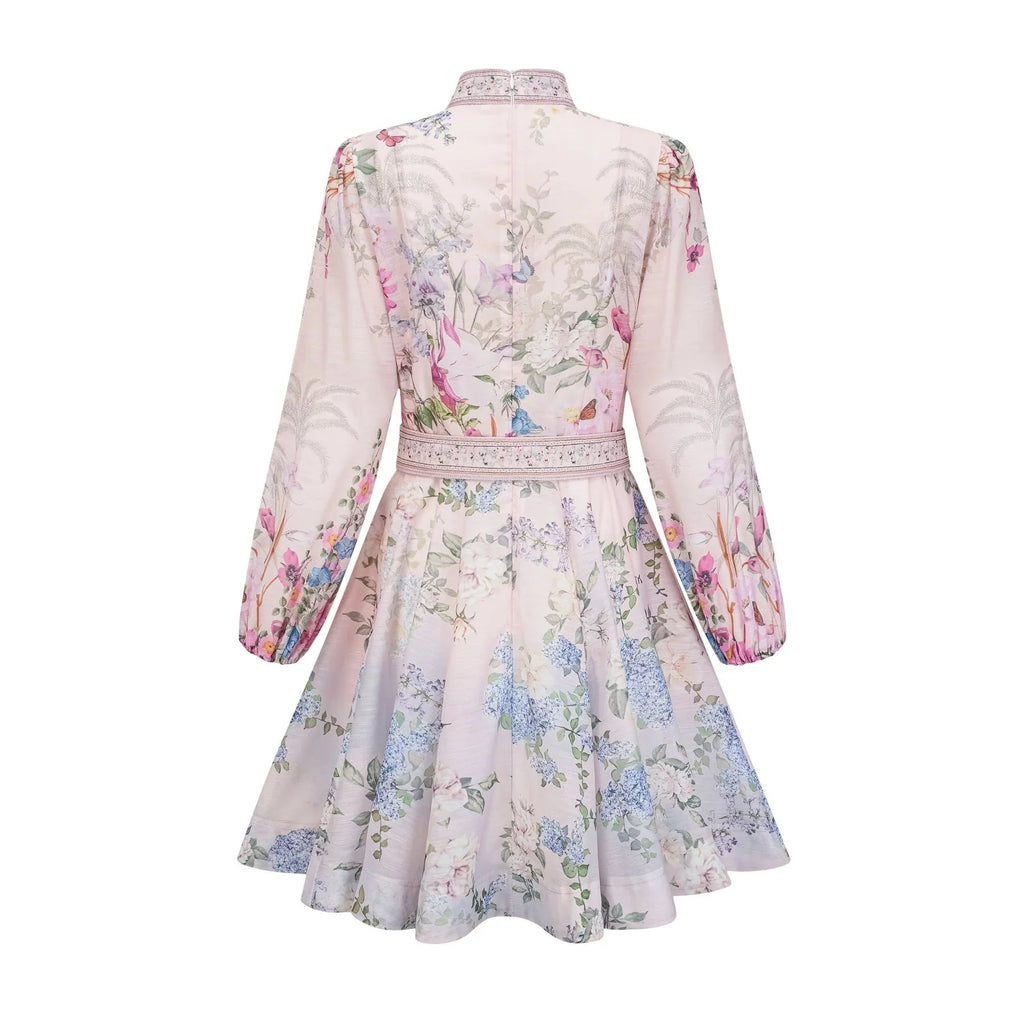 Daniela Mini Dress Light - Pink Floral Print & Belted Waist