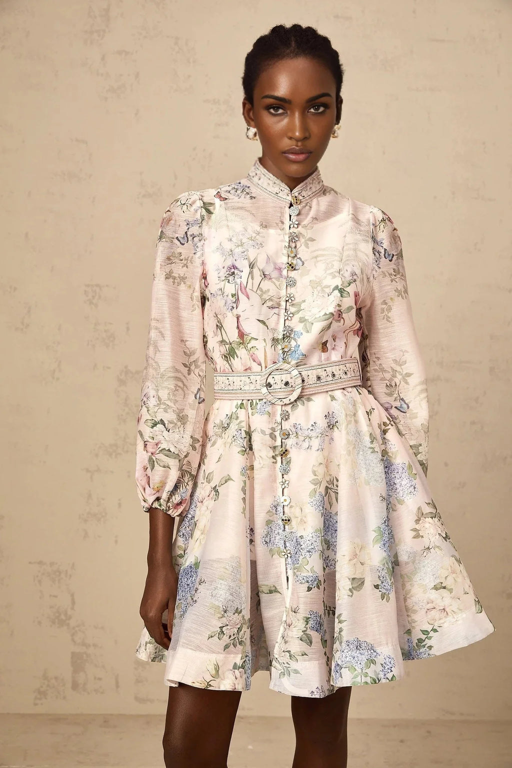Daniela Mini Dress Light - Pink Floral Print & Belted Waist
