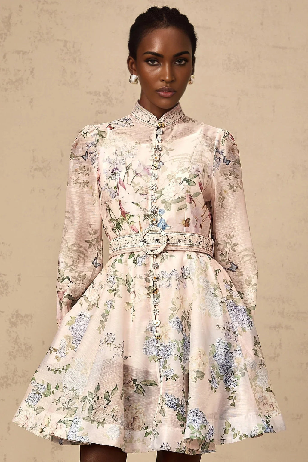 Daniela Mini Dress Light - Pink Floral Print & Belted Waist