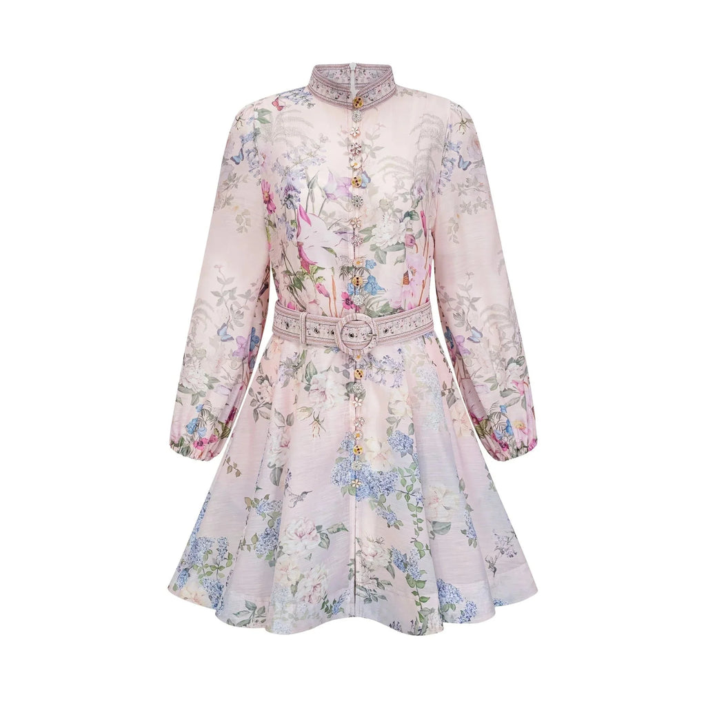 Daniela Mini Dress Light - Pink Floral Print & Belted Waist