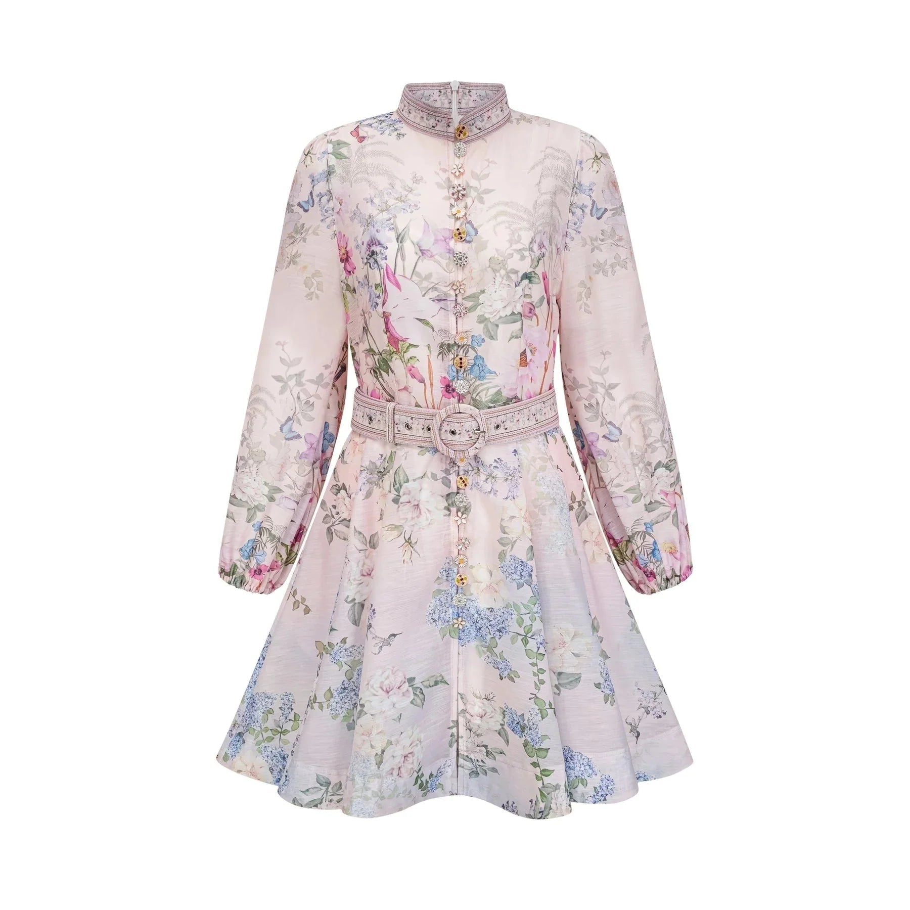 Daniela Mini Dress Light - Pink Floral Print & Belted Waist