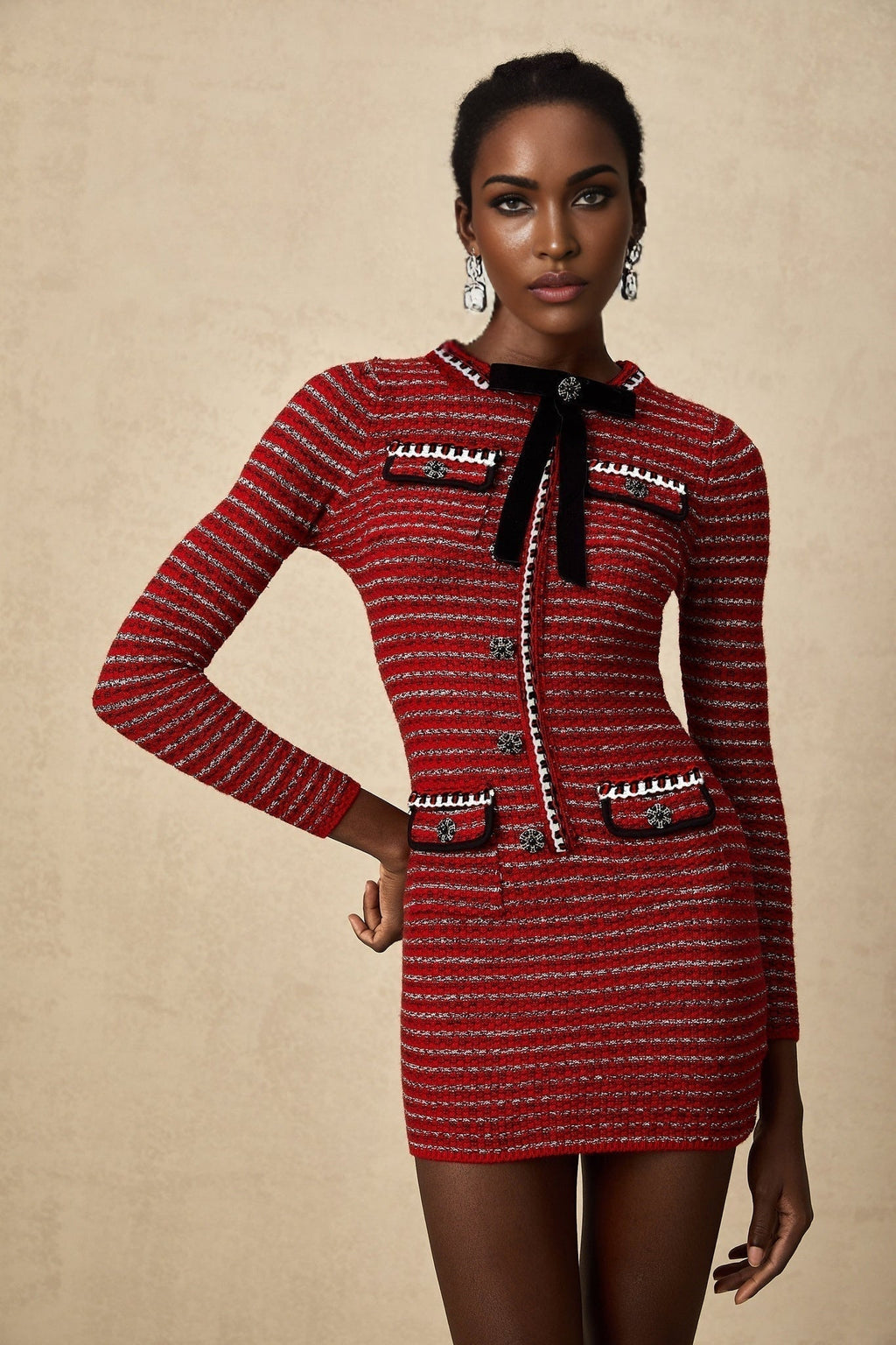 Daniela Mini Dress - Long Sleeve Colorblocked Knitted with Crystal Embellishment Bow Detailing & Front Flap Pockets
