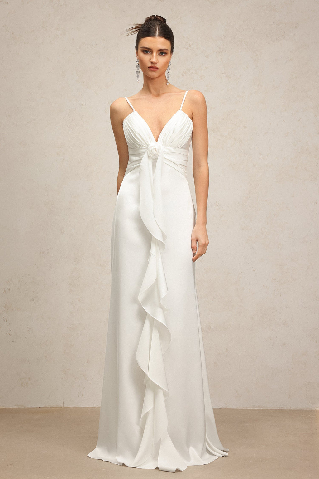 Daniela White V-Neckline Spaghetti Strap Rosette Detail Dress