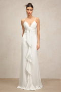 Daniela White V-Neckline Spaghetti Strap Rosette Detail Dress