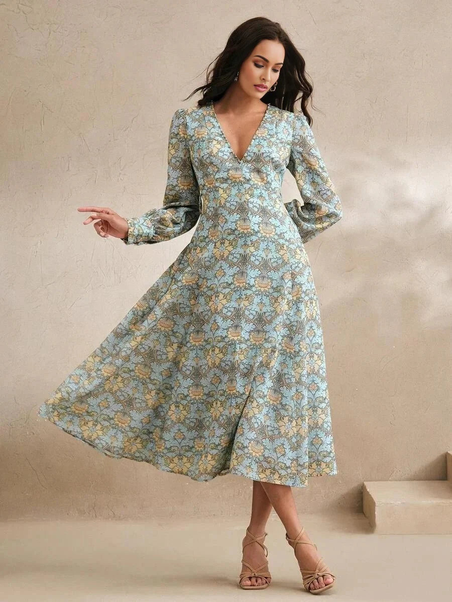 Danielle Midi Dress - V Neckline - Bishop Sleeve - High Waist - A Line - Boho Style
