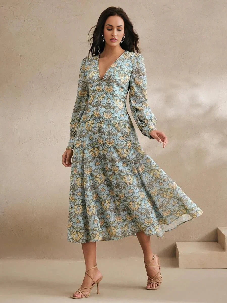 Danielle Midi Dress - V Neckline - Bishop Sleeve - High Waist - A Line - Boho Style