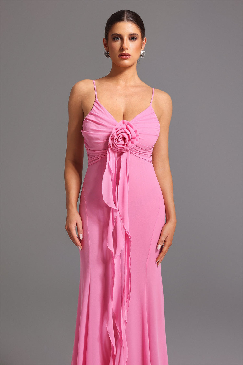 Danielle Pink Floral Maxi Dress with Deep-V Neckline and Ruffles for Special Occasions