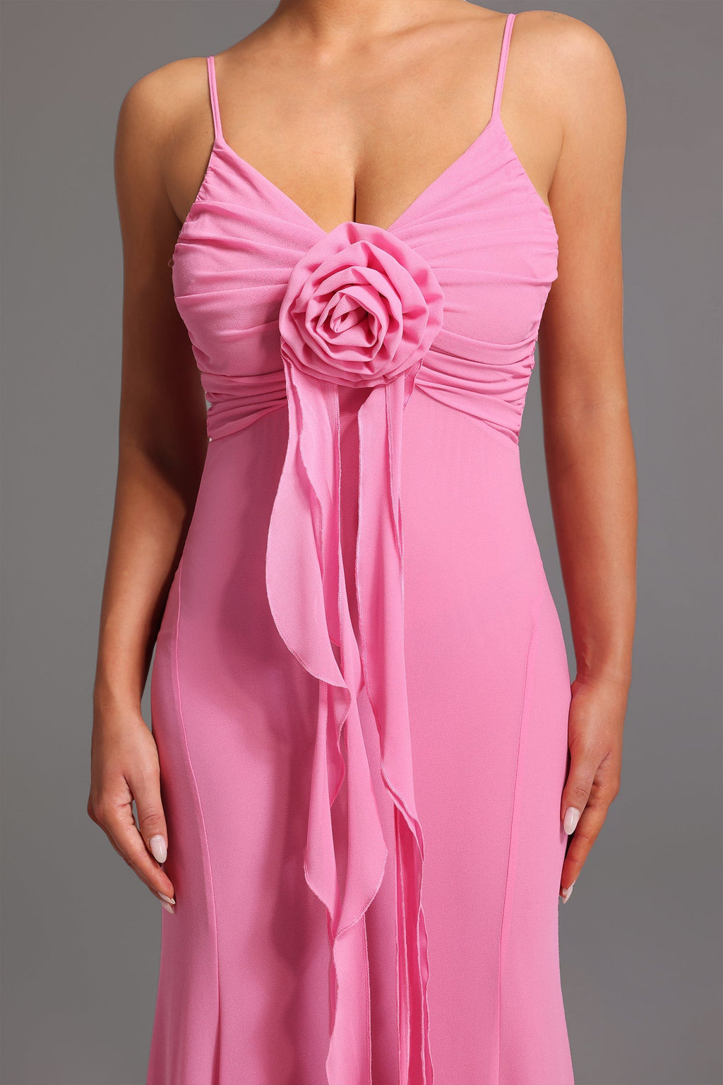 Danielle Pink Maxi Dress with Deep-V Neckline and Flower Detailing