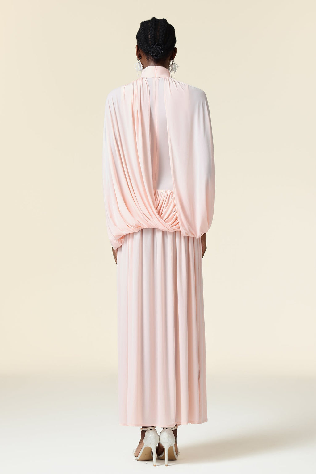 Danielle Pink Maxi Dress Elegant Asymmetric Fold Design High Neckline Waist Detailing Evening Formal Gatherings Statement Piece Empowered