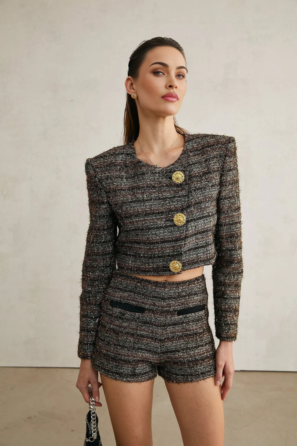 Danielle Shorts - Tweed with Metallic Threading - Side Zip Fastening - Front Patch Pockets