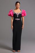 Daphne Black Maxi Dress with Square Collar and Diamond Detailing
