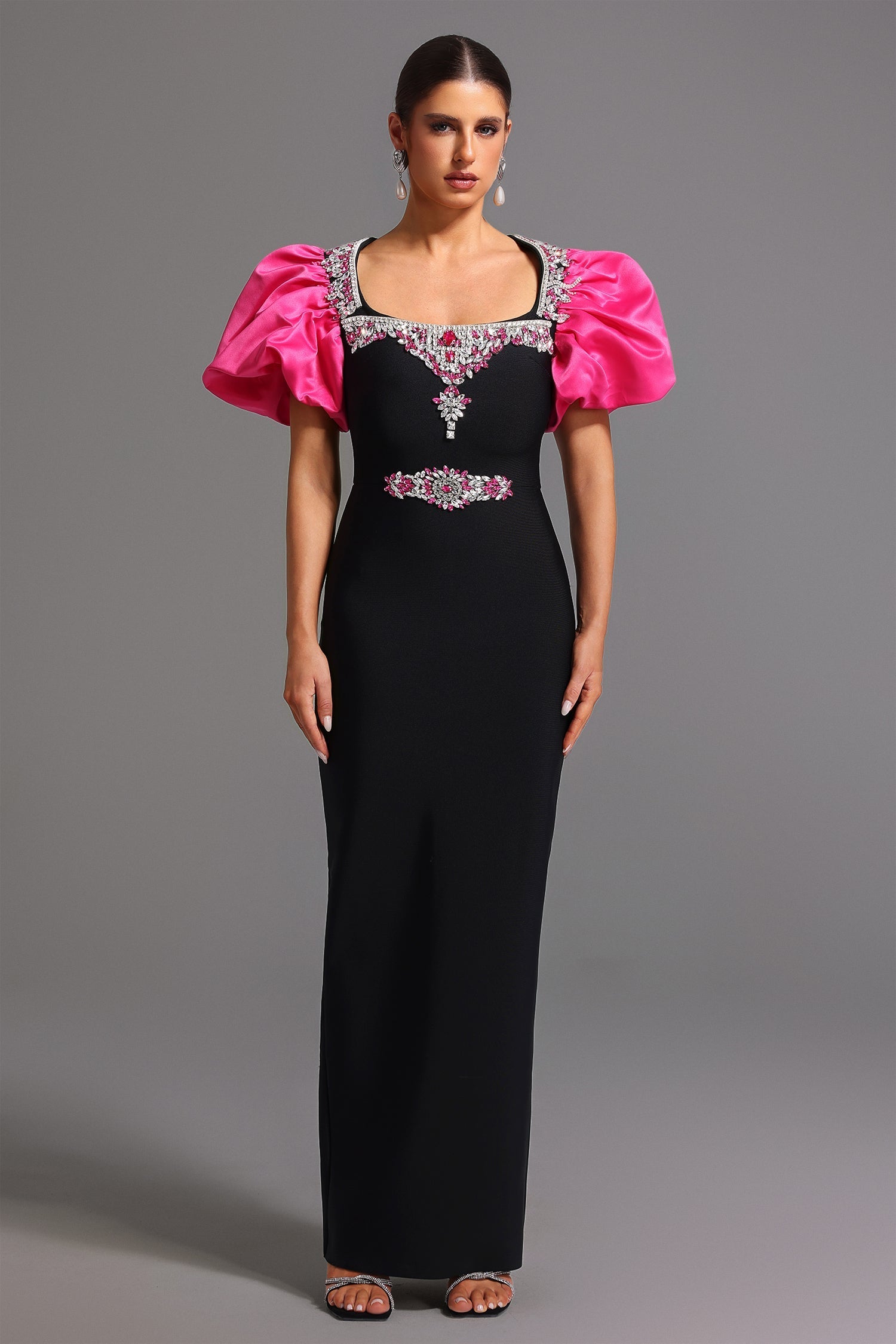 Daphne Black Maxi Dress with Square Collar and Diamond Detailing