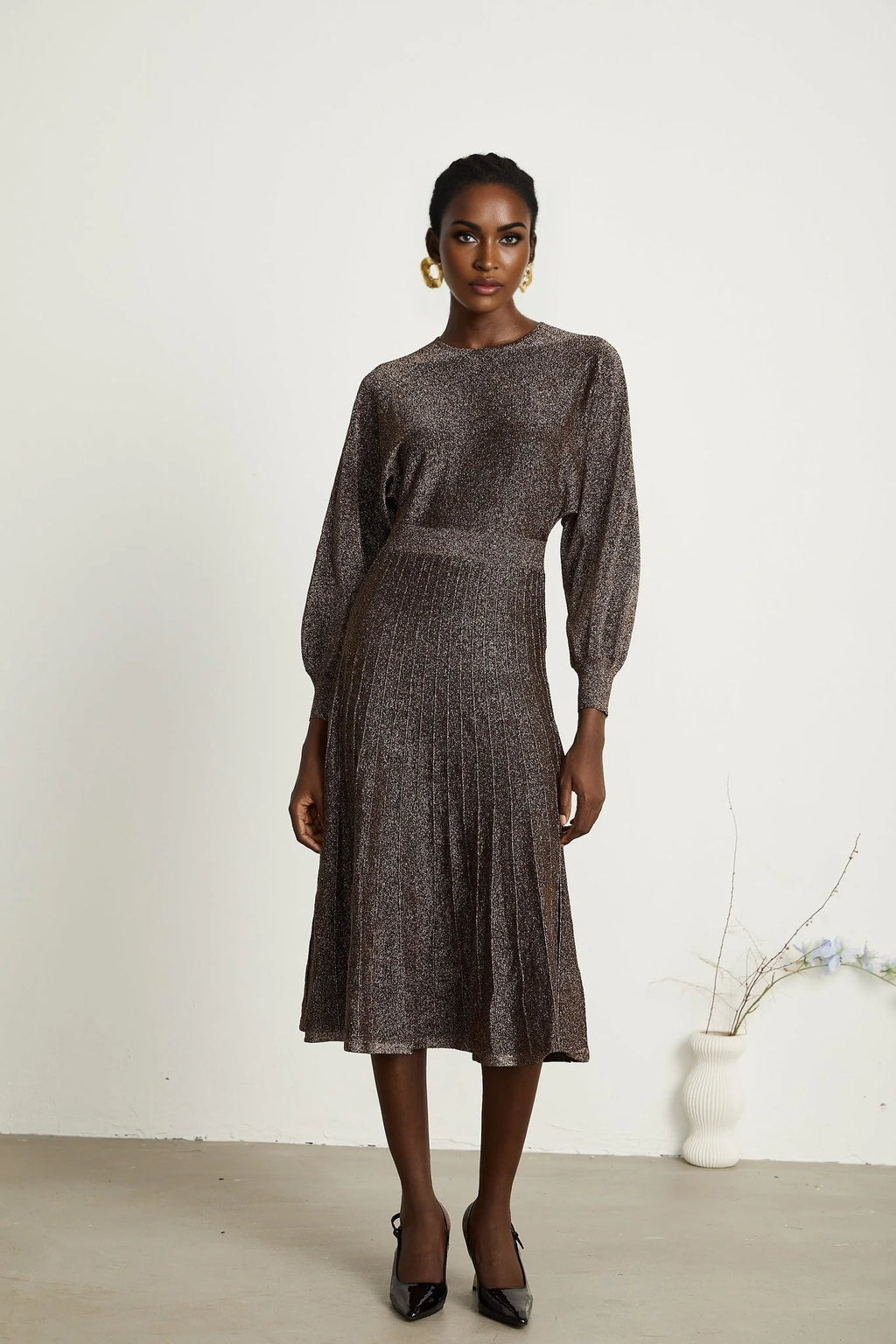 Daphne Midi Dress - Long Sleeves - Metallic Threading - Ribbed Knit - Flared Skirt - Elegant Midi Length