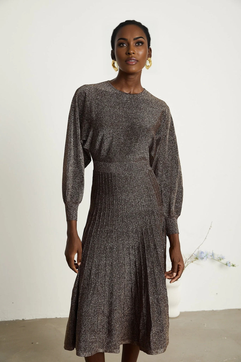 Daphne Midi Dress - Long Sleeves - Metallic Threading - Ribbed Knit - Flared Skirt - Elegant Midi Length