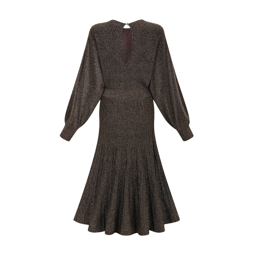Daphne Midi Dress - Long Sleeves - Metallic Threading - Ribbed Knit - Flared Skirt - Elegant Midi Length