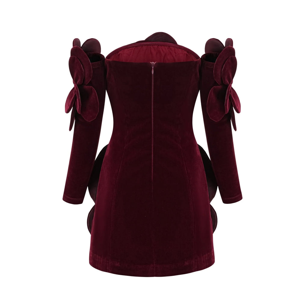 Daphne Mini Dress - Off - the - Shoulder Design - Long Sleeve Floral Appliqu - Thigh Length Straight Hem