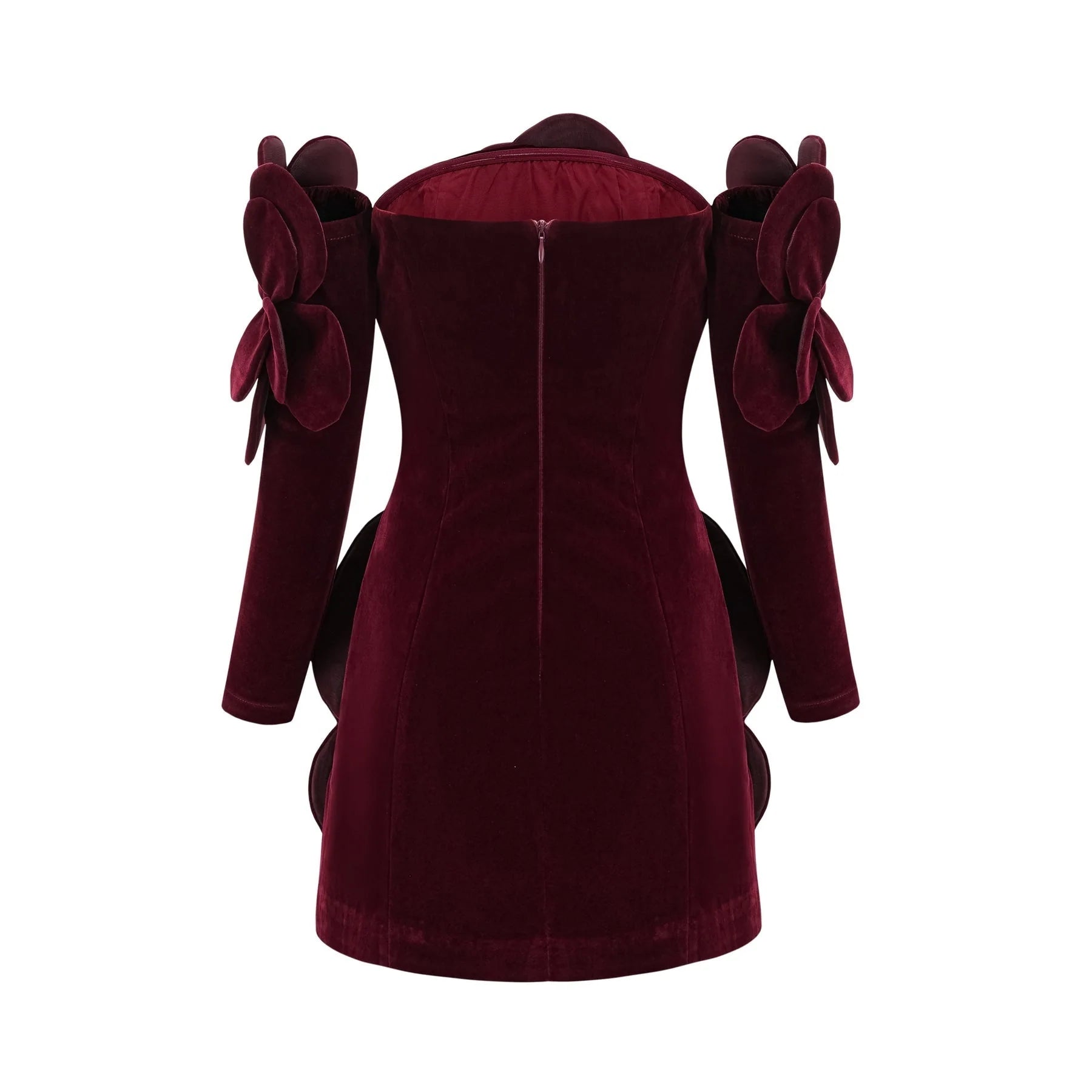 Daphne Mini Dress - Off - the - Shoulder Design - Long Sleeve Floral Appliqu - Thigh Length Straight Hem