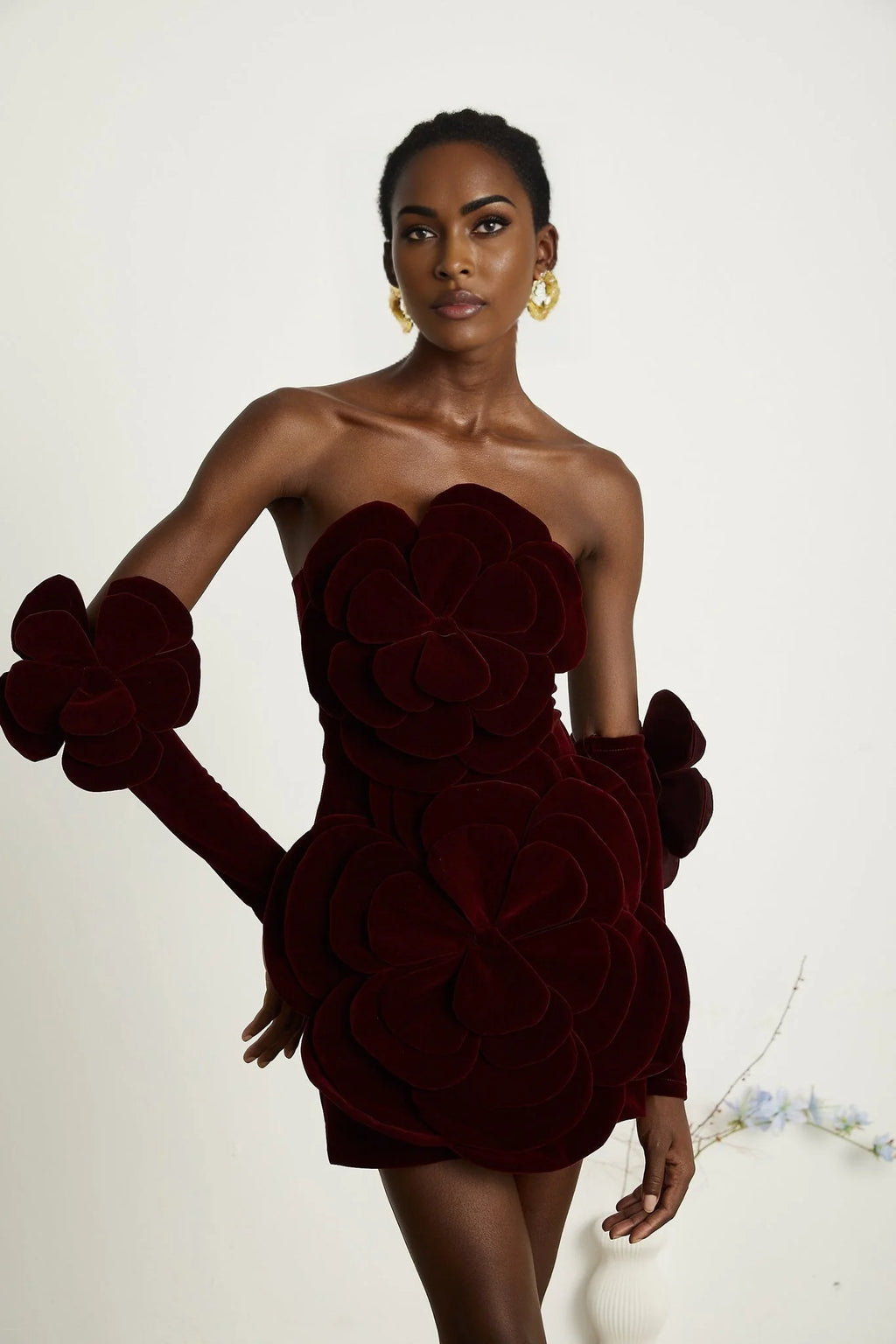 Daphne Mini Dress - Off - the - Shoulder Design - Long Sleeve Floral Appliqu - Thigh Length Straight Hem