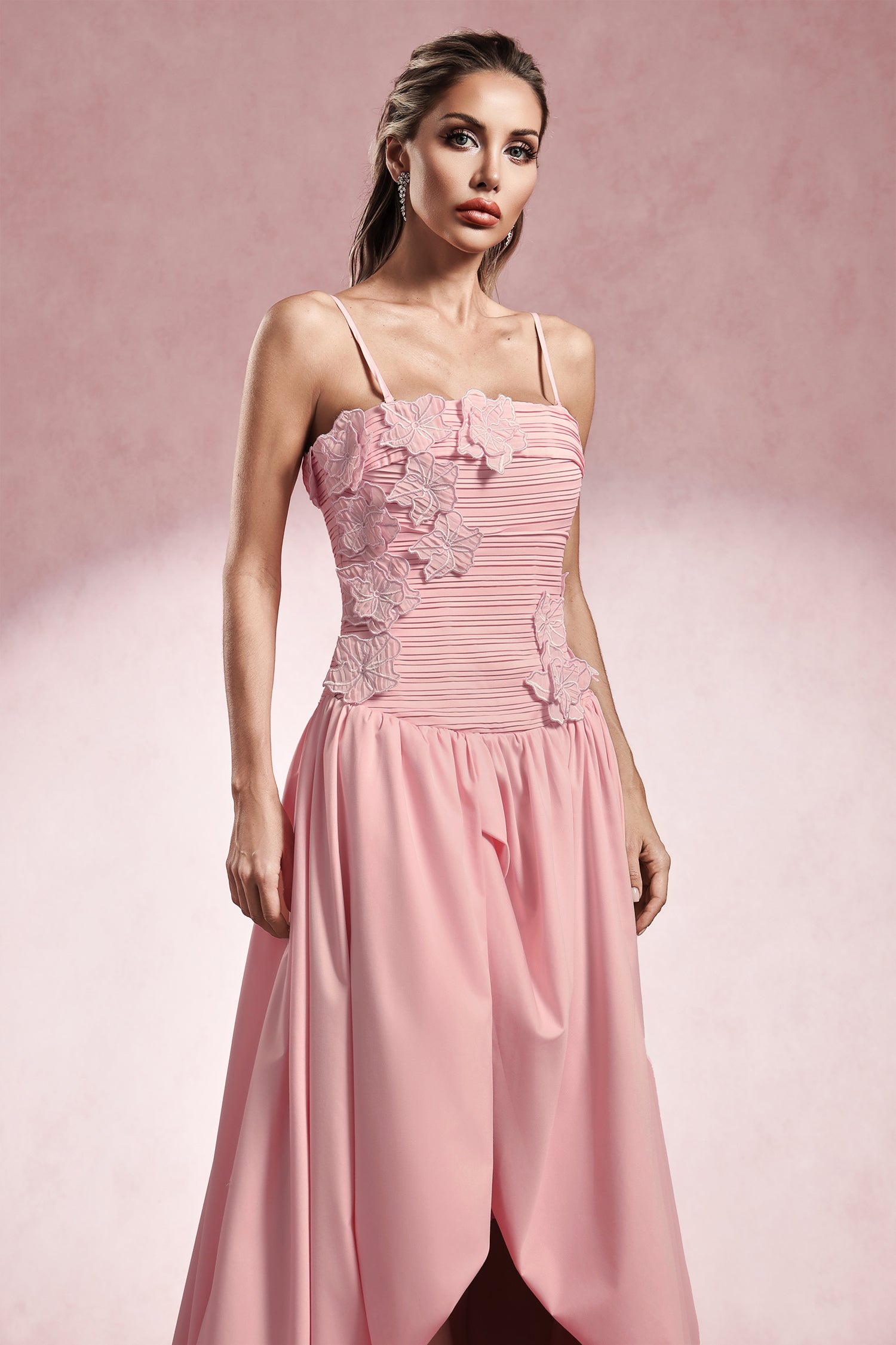 Daphne Pink Floral Embellished Strapless Dress with Thigh-High Slit