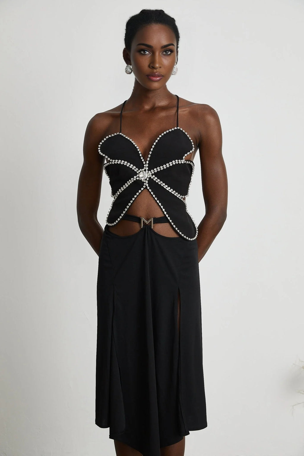 Daphne Top - Halterneck - Sleeveless - Backless - Crystal Embellishment - Floral Motif - Cropped
