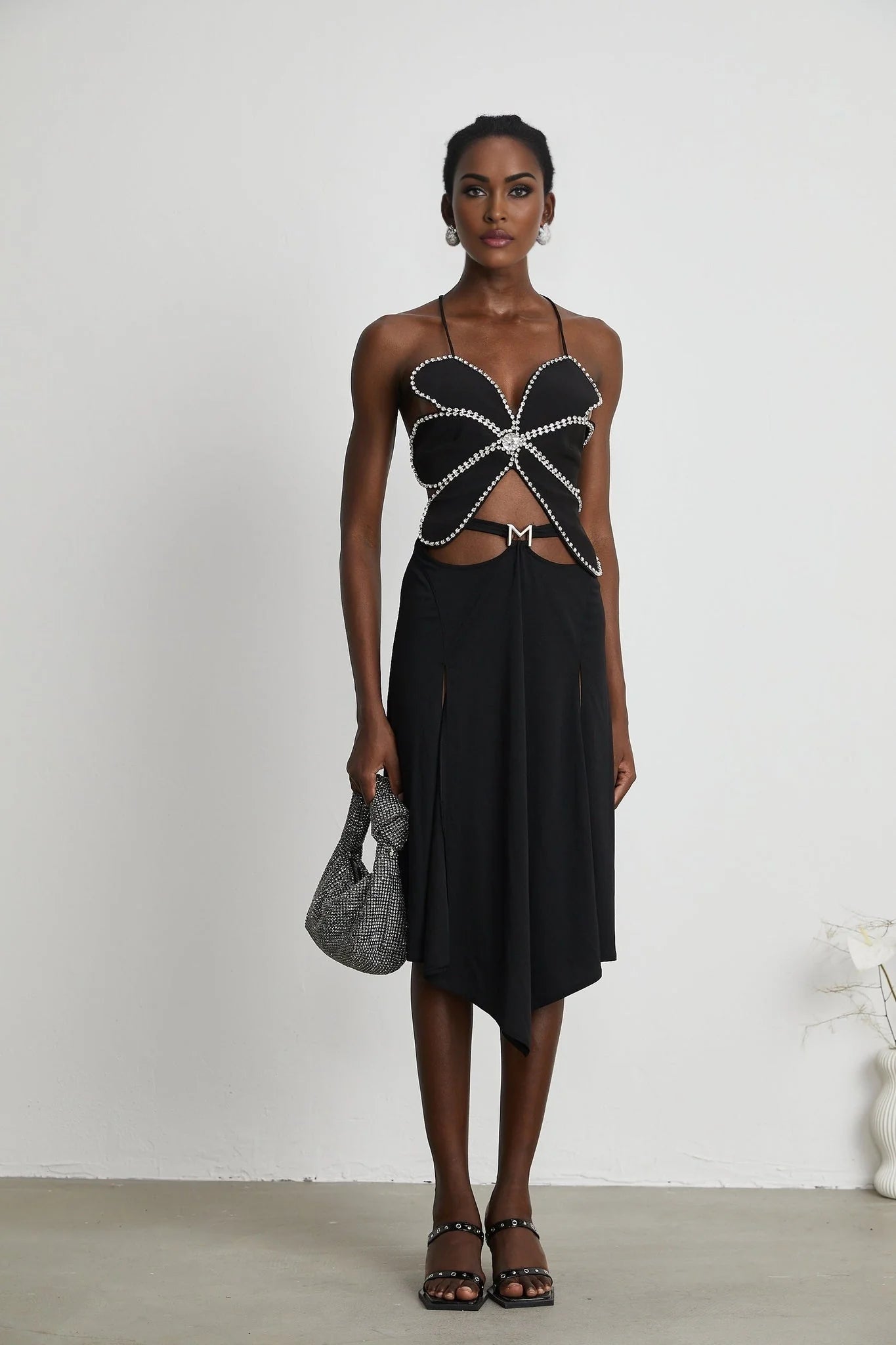 Daphne Top - Halterneck - Sleeveless - Backless - Crystal Embellishment - Floral Motif - Cropped