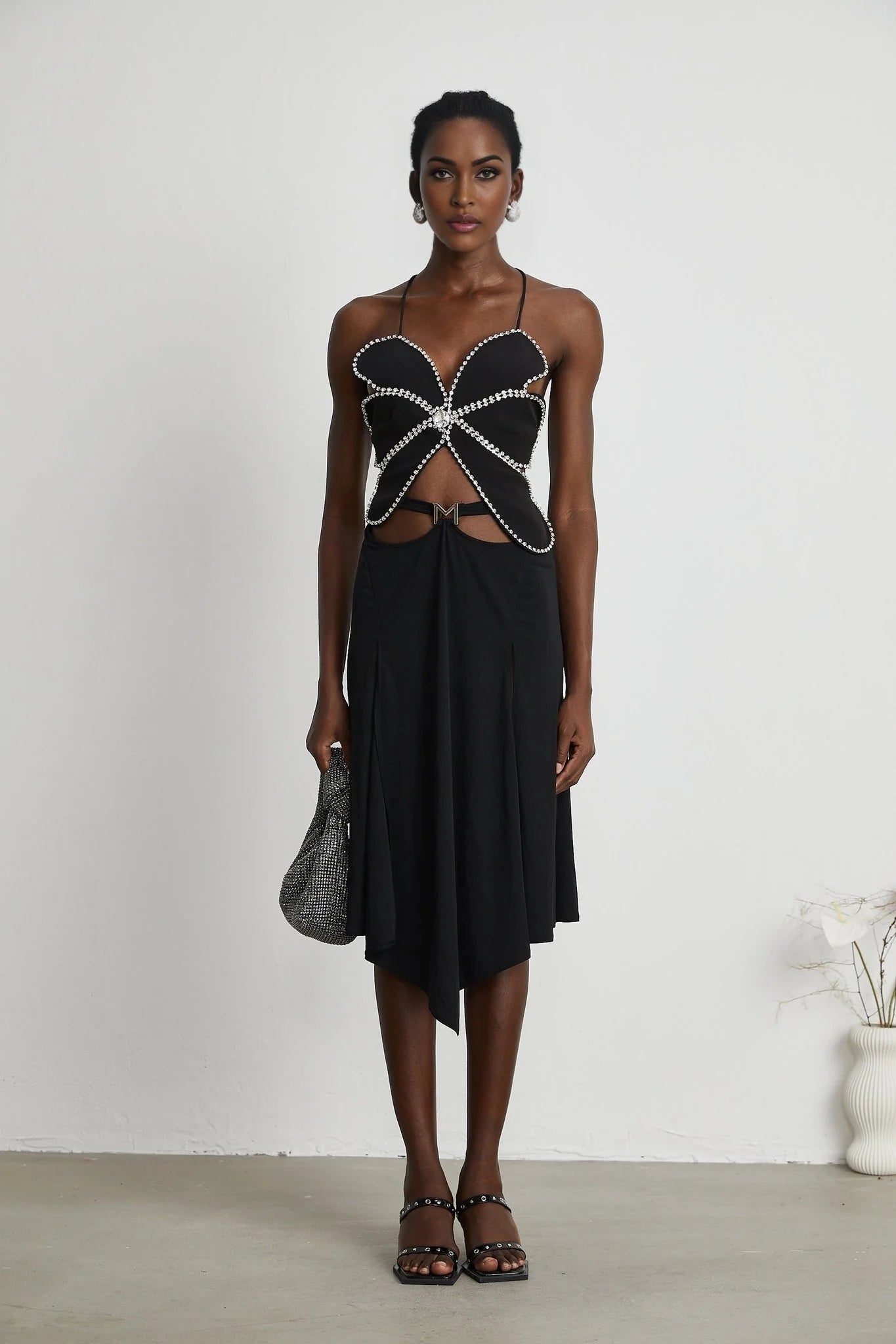 Daphne Top - Halterneck - Sleeveless - Backless - Crystal Embellishment - Floral Motif - Cropped
