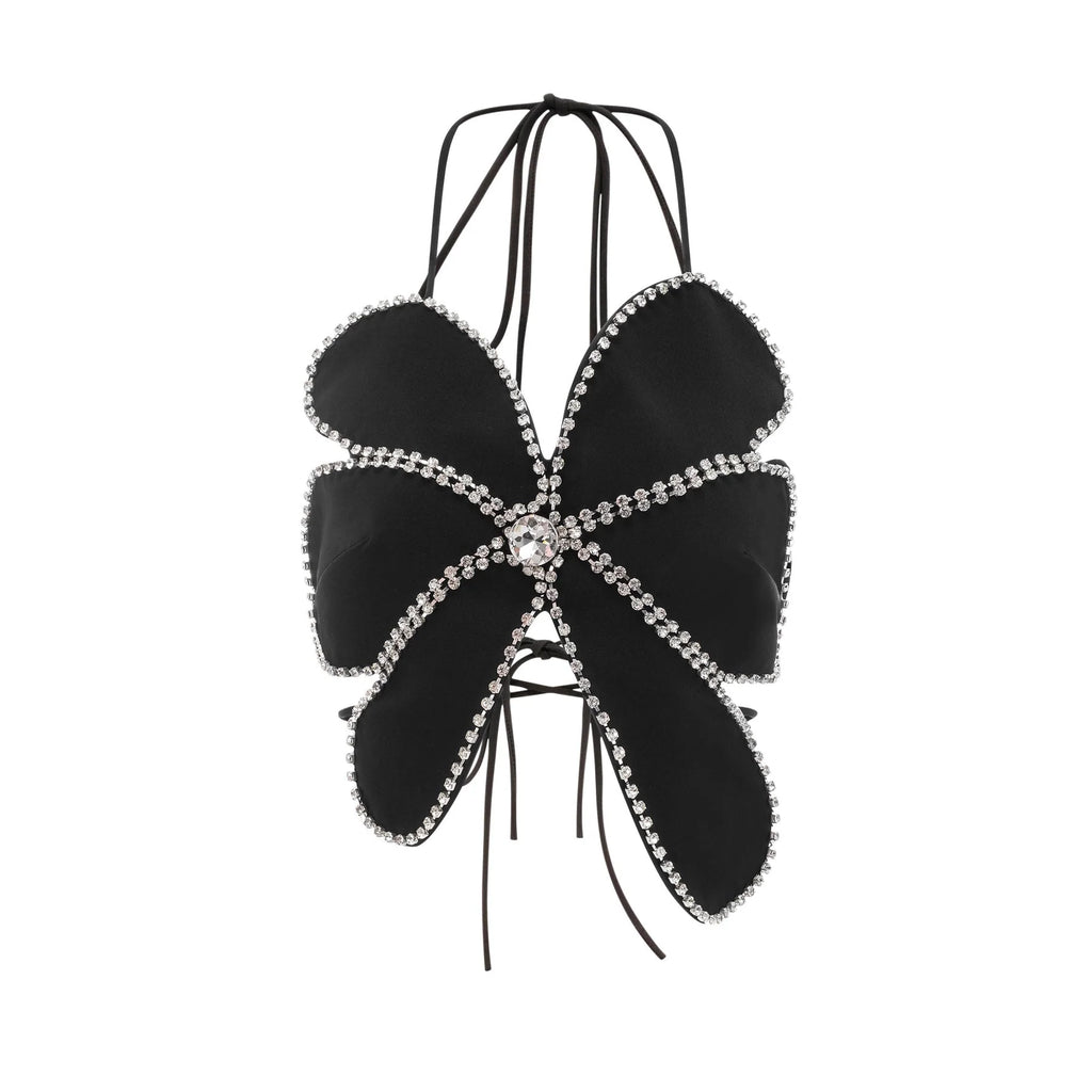 Daphne Top - Halterneck - Sleeveless - Backless - Crystal Embellishment - Floral Motif - Cropped