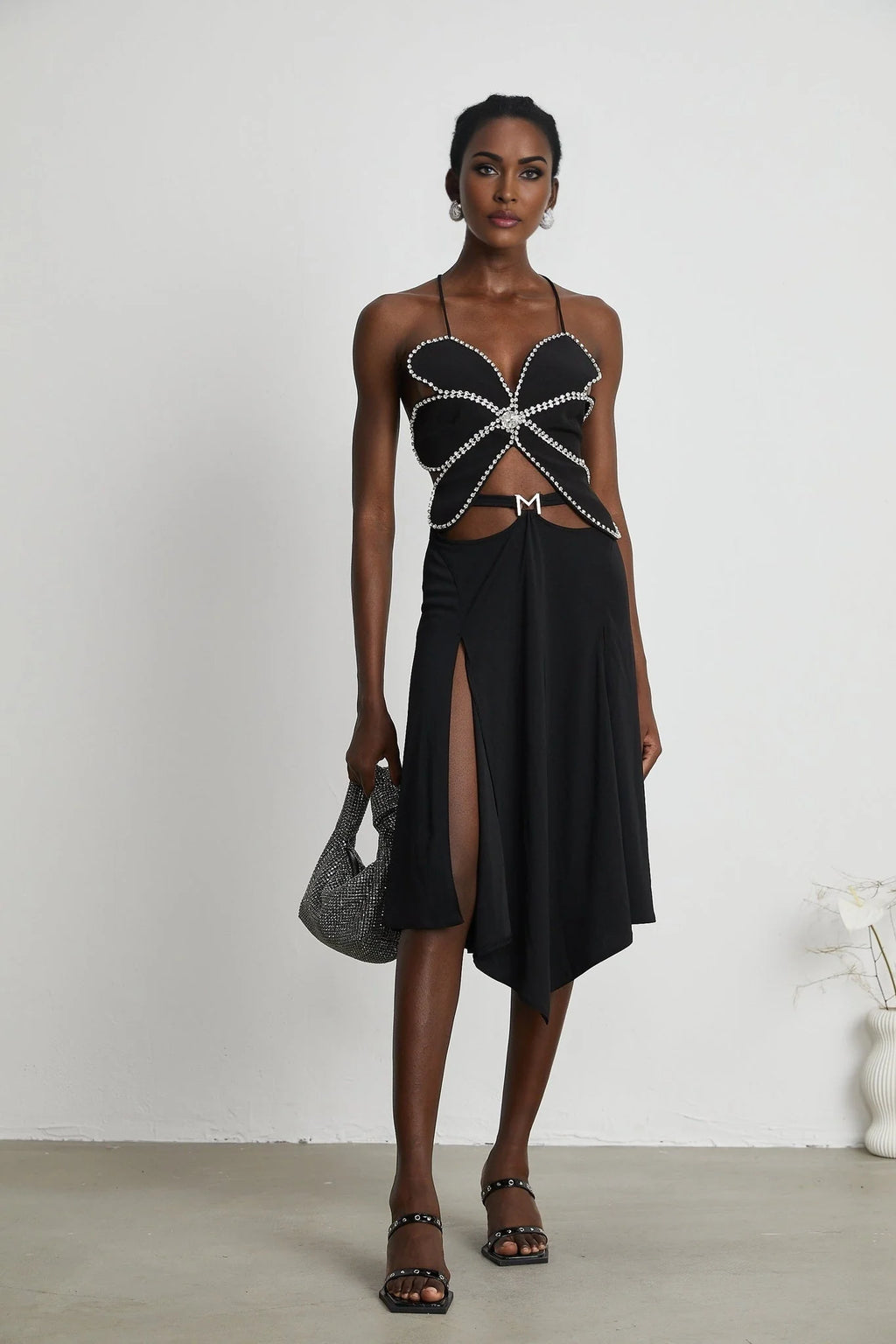 Daphne Top - Halterneck - Sleeveless - Backless - Crystal Embellishment - Floral Motif - Cropped