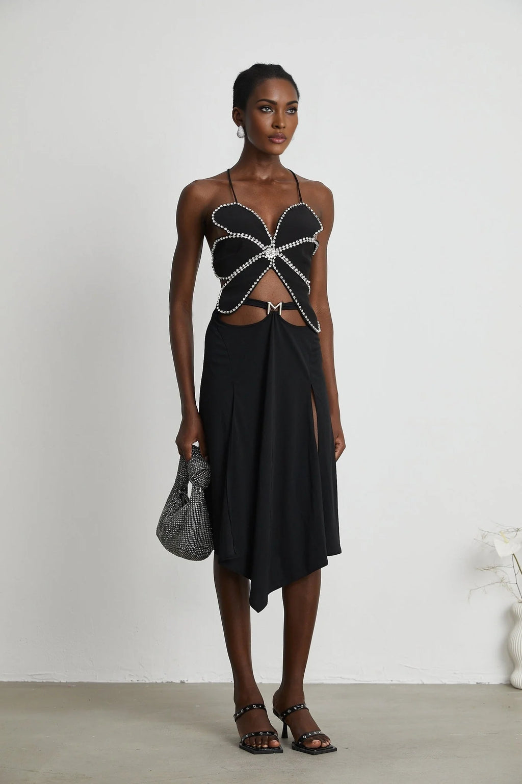 Daphne Top - Halterneck - Sleeveless - Backless - Crystal Embellishment - Floral Motif - Cropped