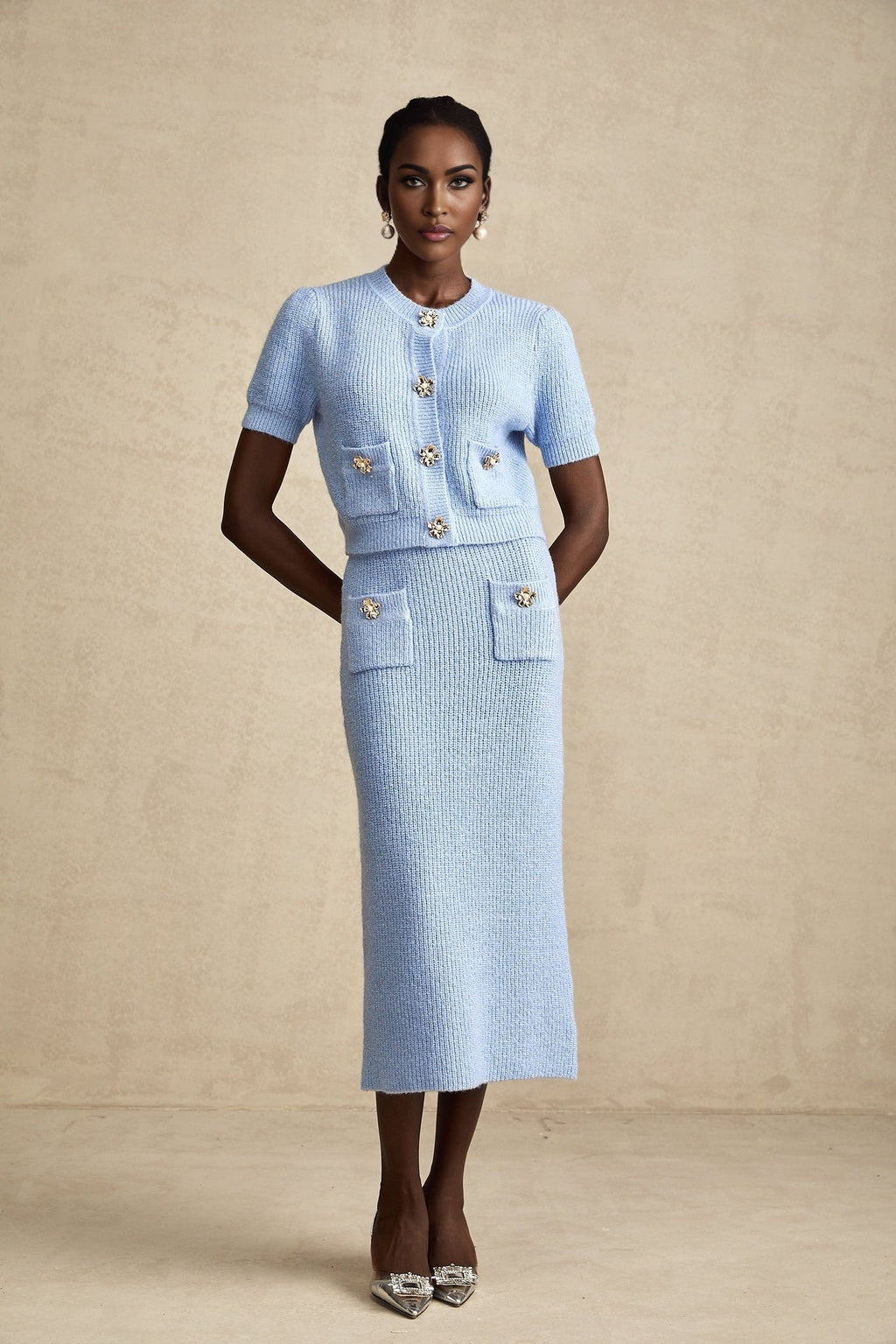 Daria Blouse & Skirt - Stretch Knit - Crew Neck - Short Sleeves - Front Patch Pockets