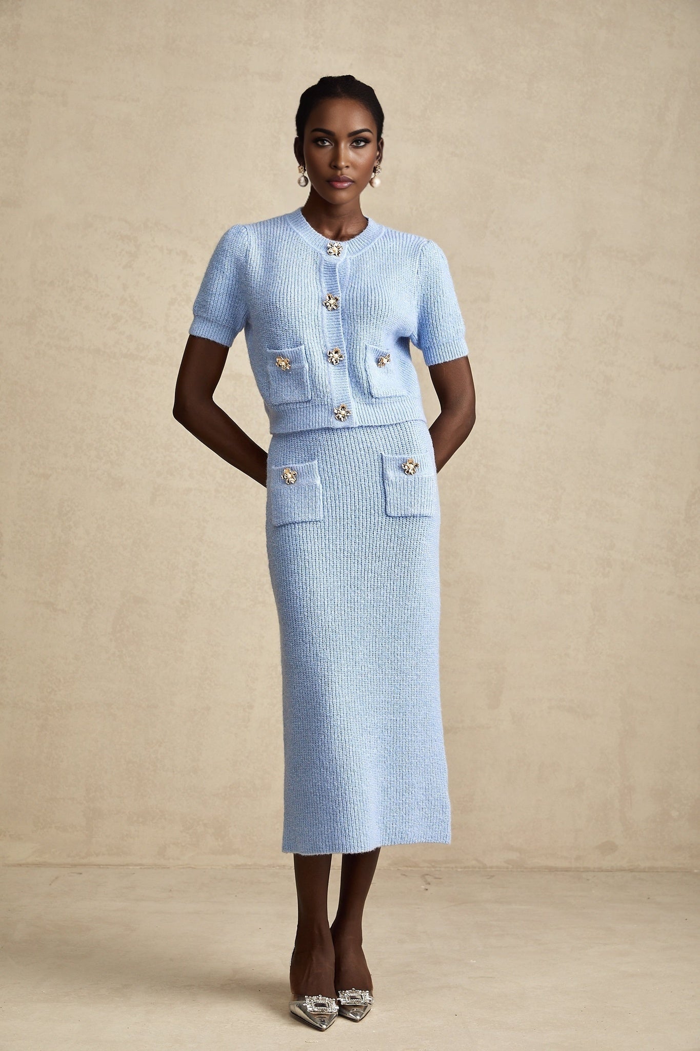 Daria Blouse & Skirt - Stretch Knit - Crew Neck - Short Sleeves - Front Patch Pockets