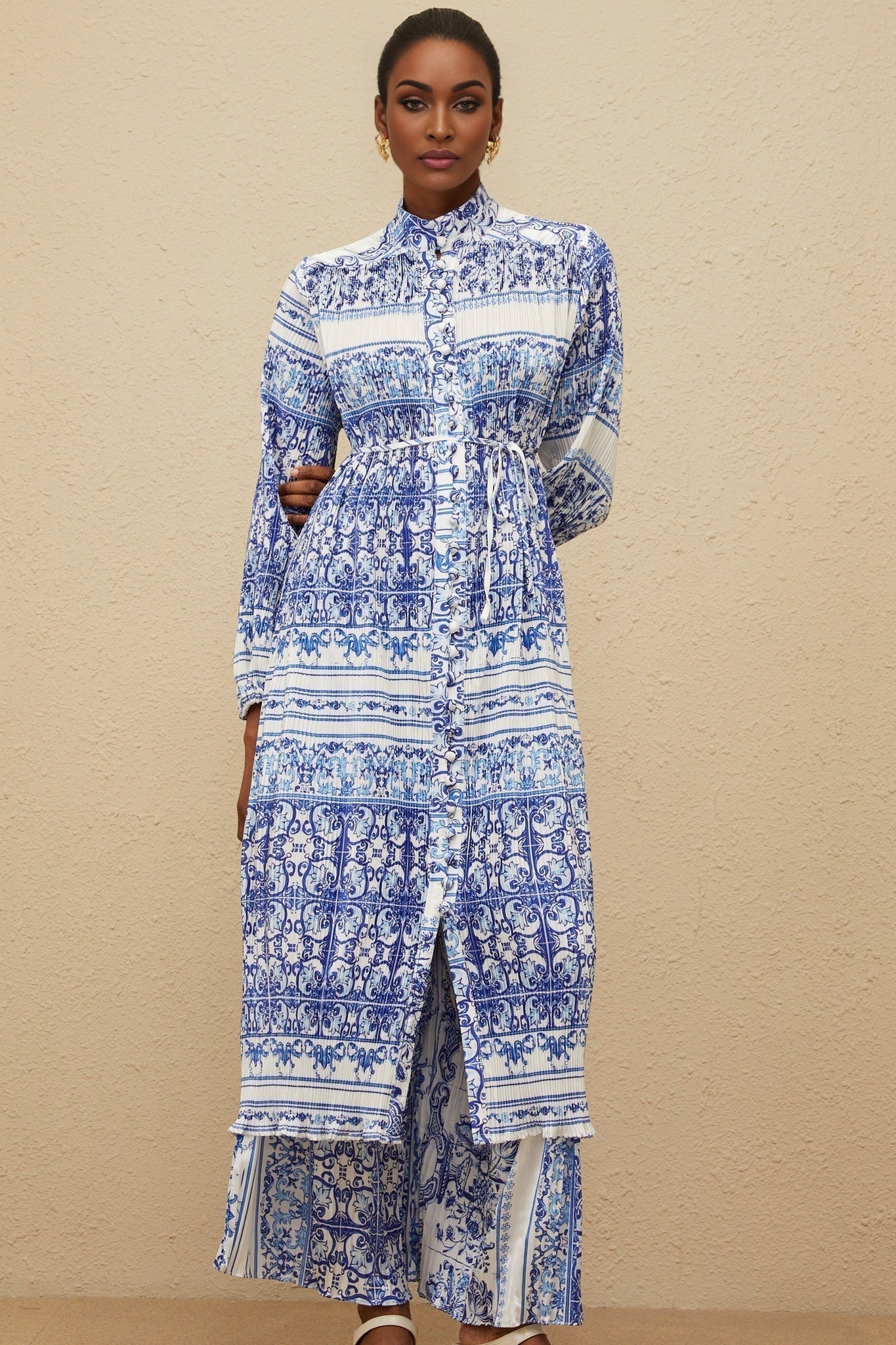 Daria Cardigan & Trousers - Stand - Up Collar - Paisley Print - Pleated Design - Wide Leg - Elasticated Waistband
