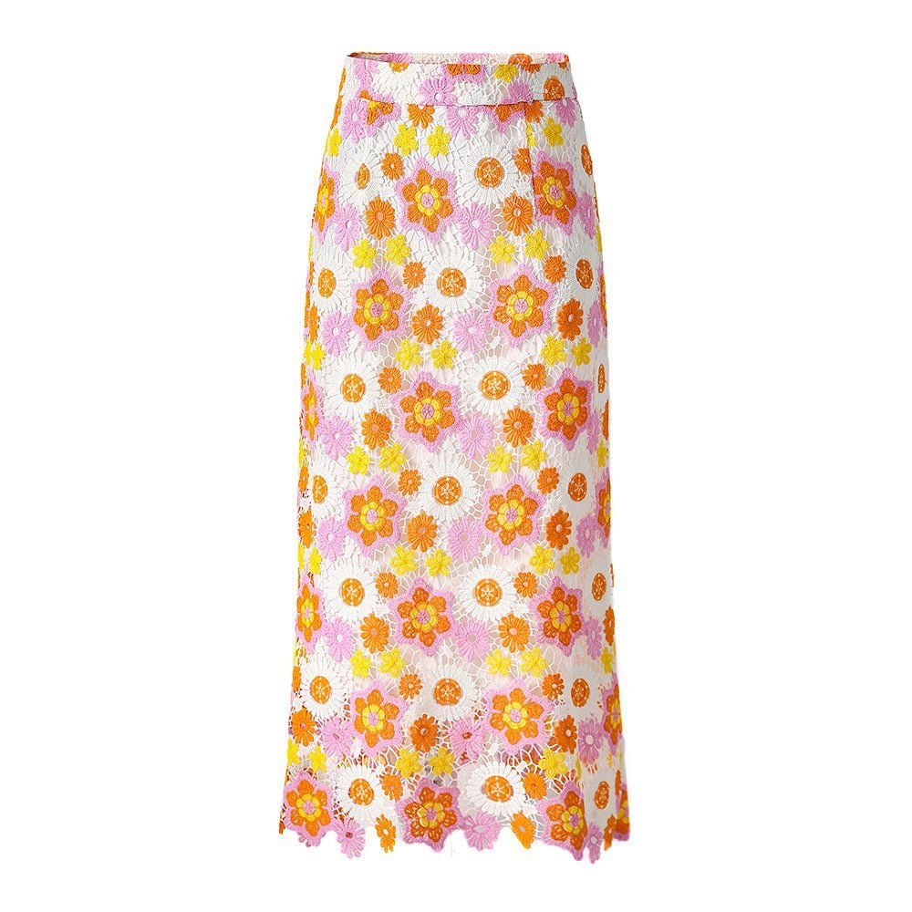 Daria Floral Lace Midi Skirt - High - Waisted Fit - Intricate Embroidery and Scalloped Hem