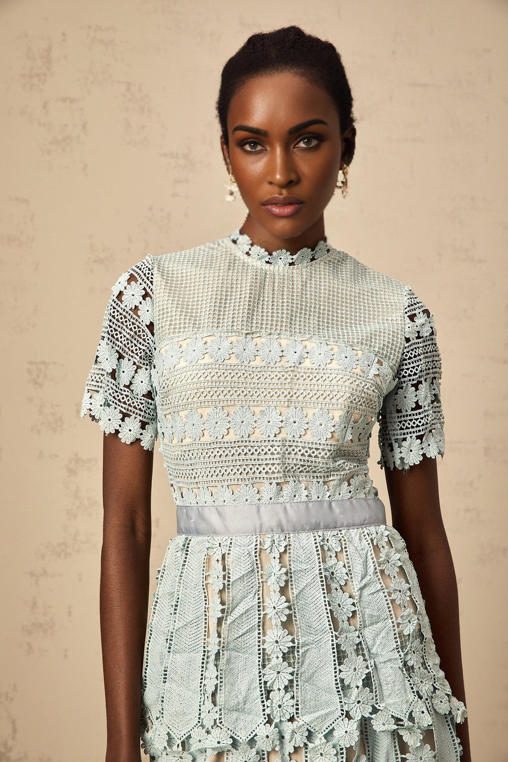 Daria Floral Midi Dress - Short Sleeved - Round Neckline - Lace Trim - Cut - out Design