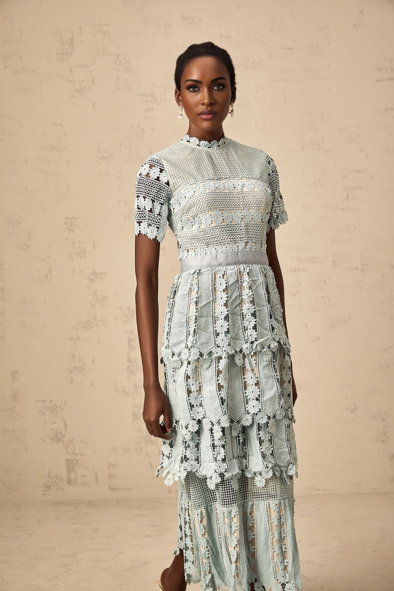 Daria Floral Midi Dress - Short Sleeved - Round Neckline - Lace Trim - Cut - out Design