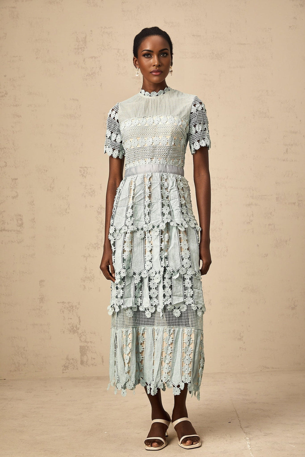 Daria Floral Midi Dress - Short Sleeved - Round Neckline - Lace Trim - Cut - out Design
