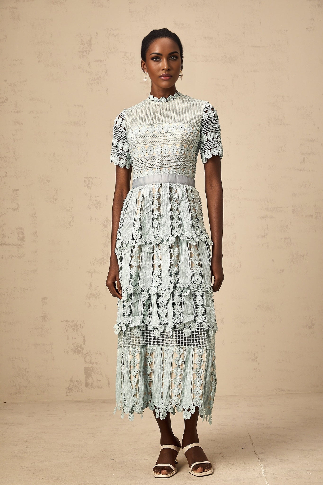 Daria Floral Midi Dress - Short Sleeved - Round Neckline - Lace Trim - Cut - out Design