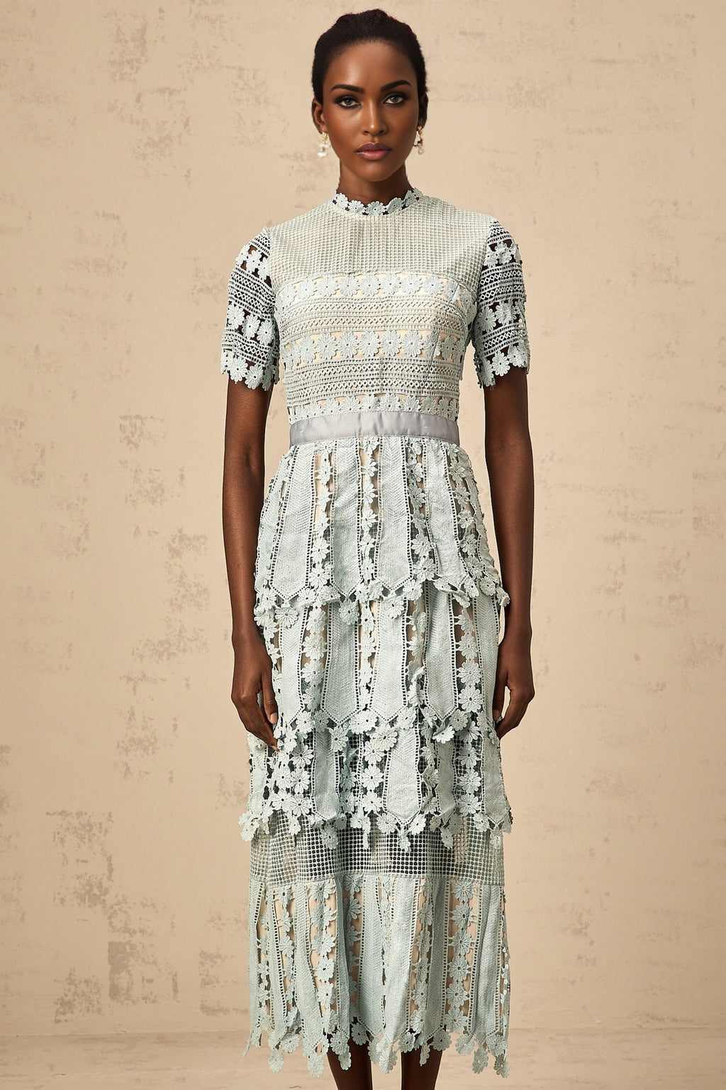 Daria Floral Midi Dress - Short Sleeved - Round Neckline - Lace Trim - Cut - out Design