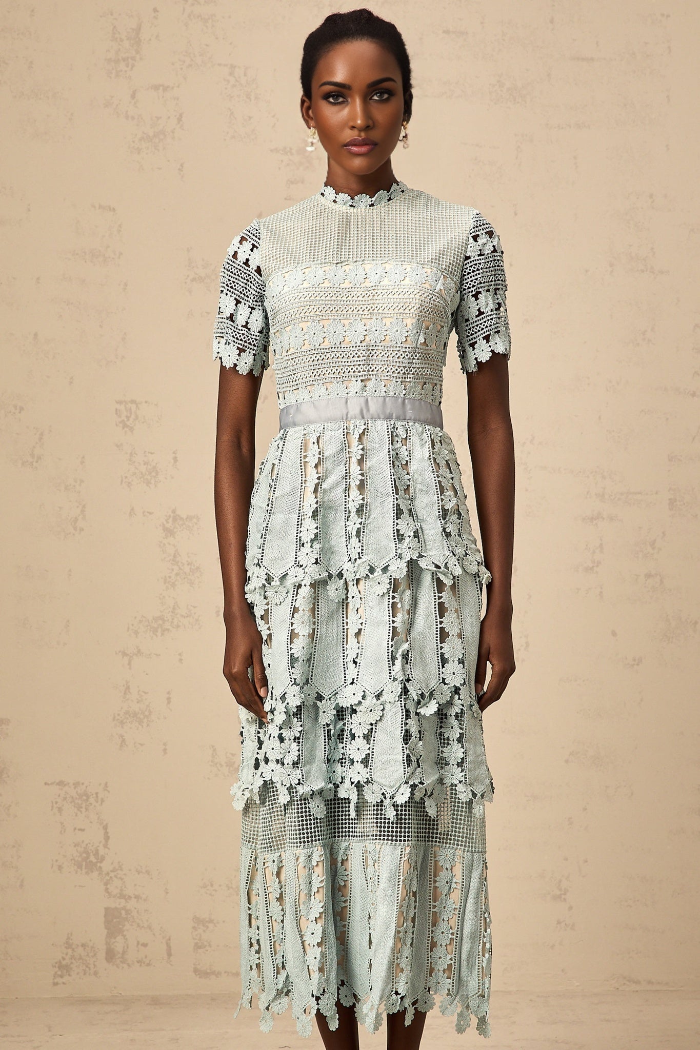 Daria Floral Midi Dress - Short Sleeved - Round Neckline - Lace Trim - Cut - out Design
