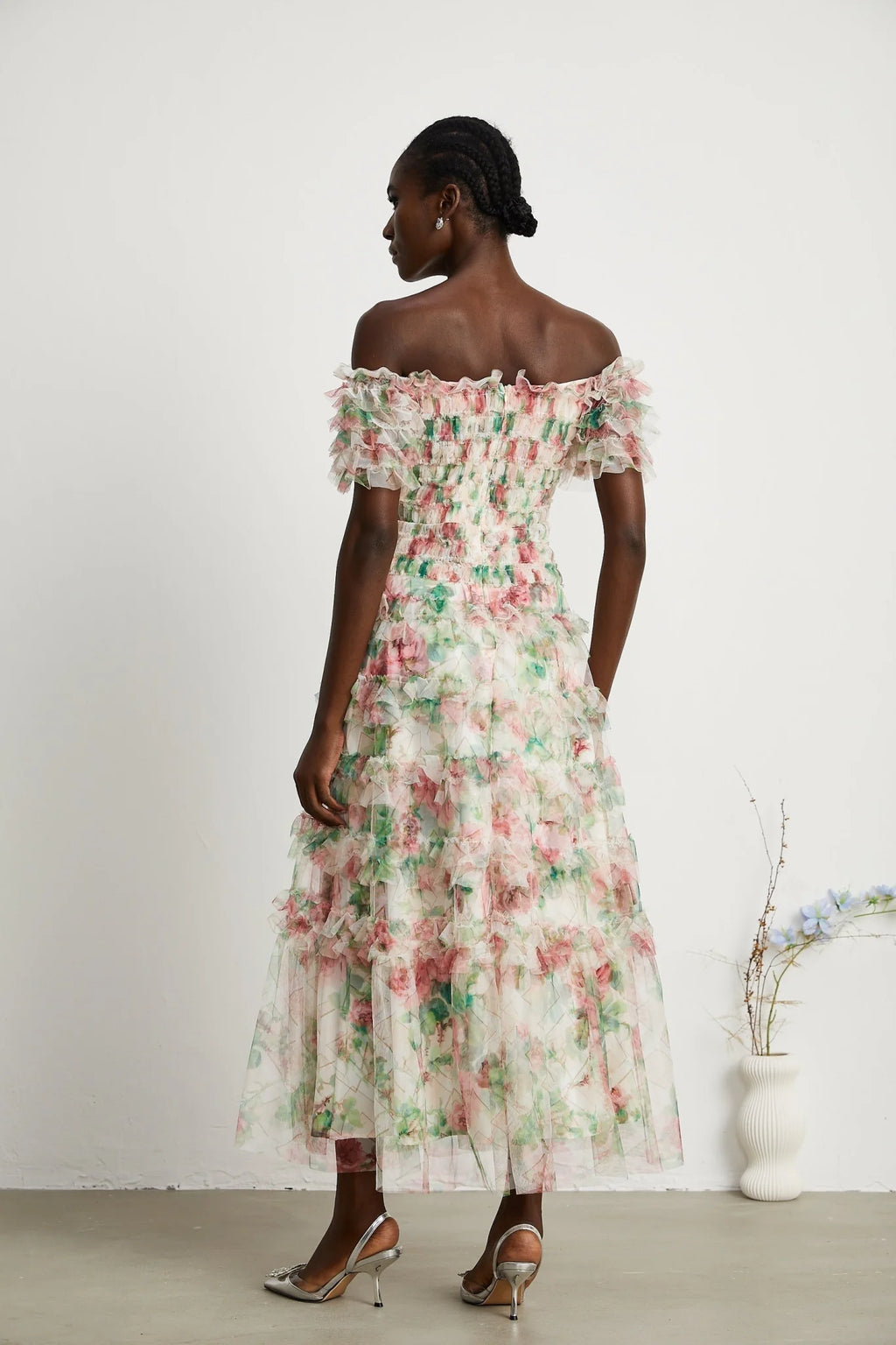 Daria Midi Dress - Off the Shoulder - Ruffled Trim - Tiered Design - Floral Print - Mesh Detail