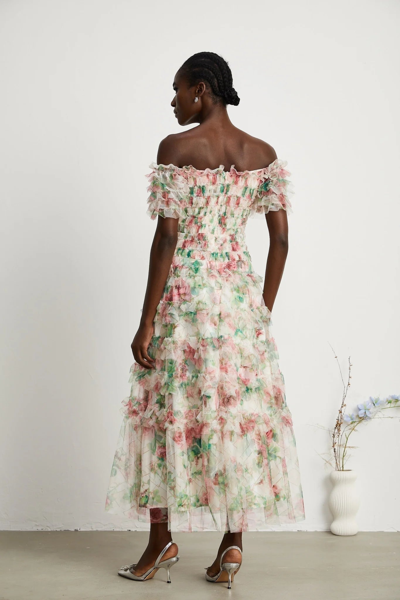 Daria Midi Dress - Off the Shoulder - Ruffled Trim - Tiered Design - Floral Print - Mesh Detail