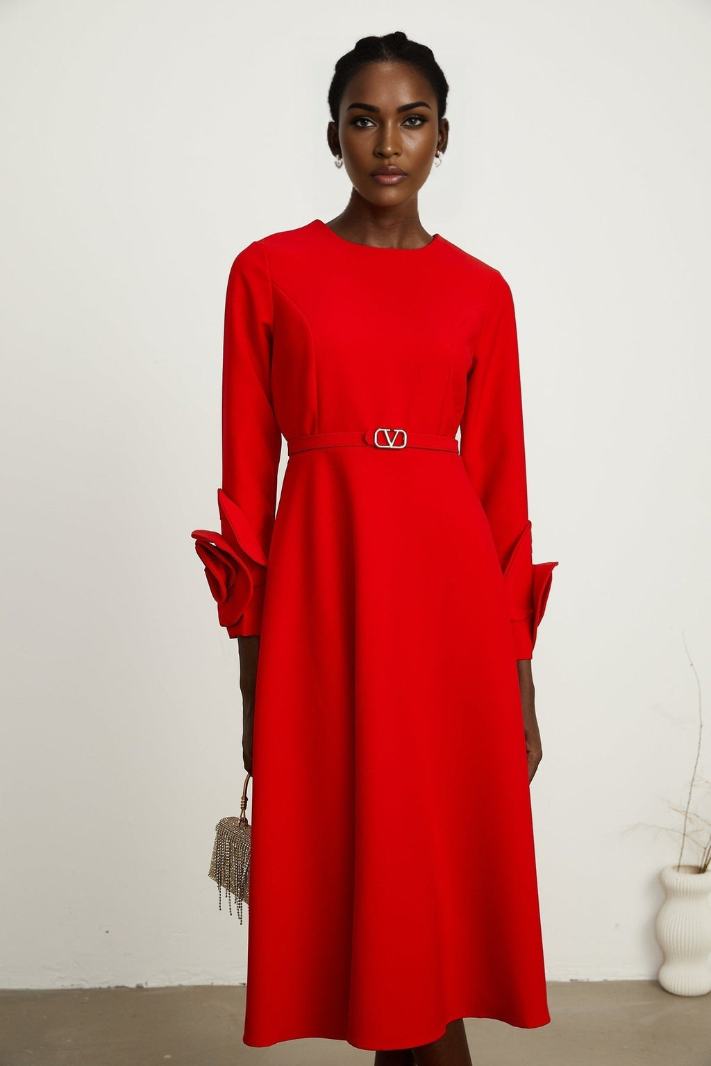 Dayana Long Dress - Floral Appliqué - Flared Skirt - Round Neck - Long Sleeves