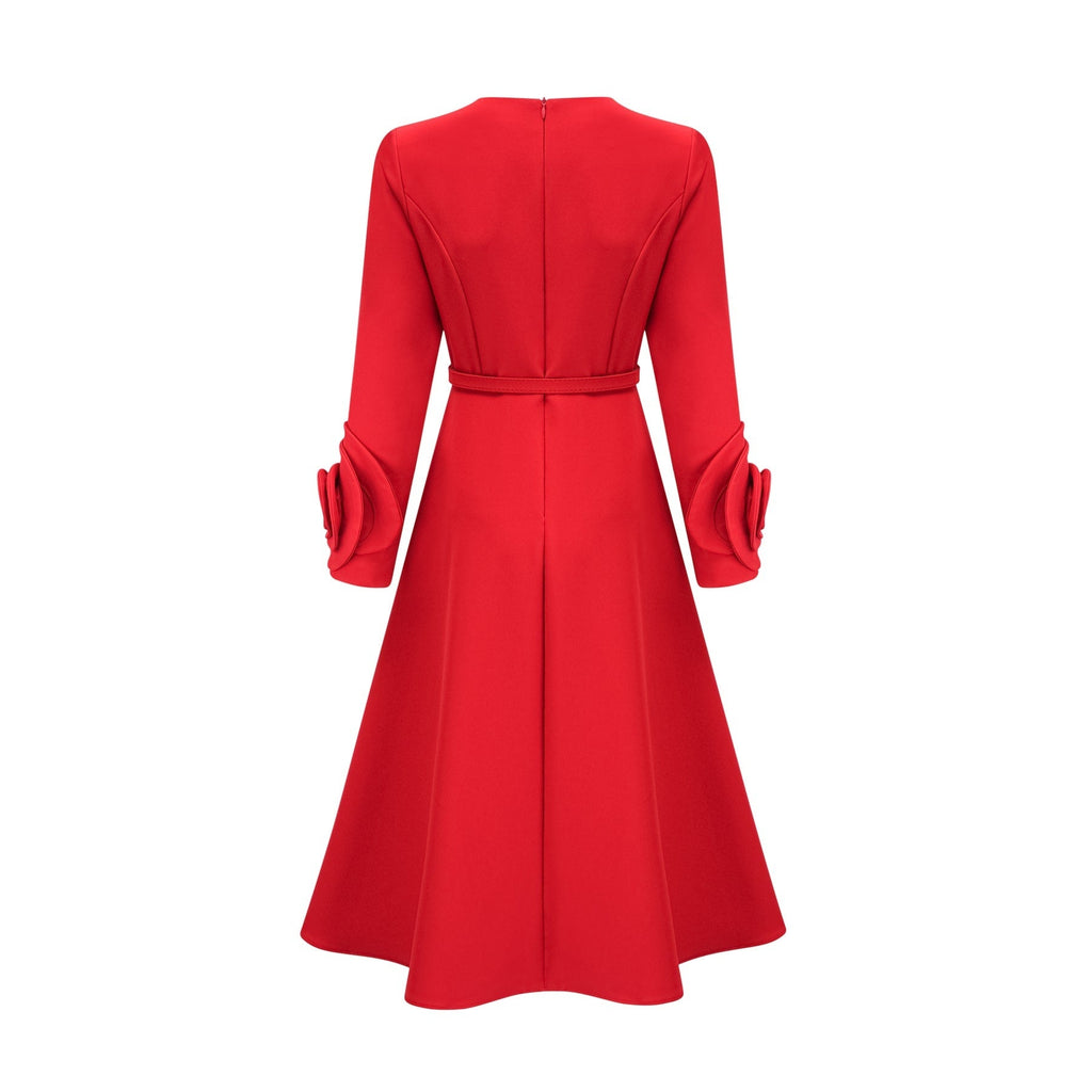 Dayana Long Dress - Floral Appliqué - Flared Skirt - Round Neck - Long Sleeves